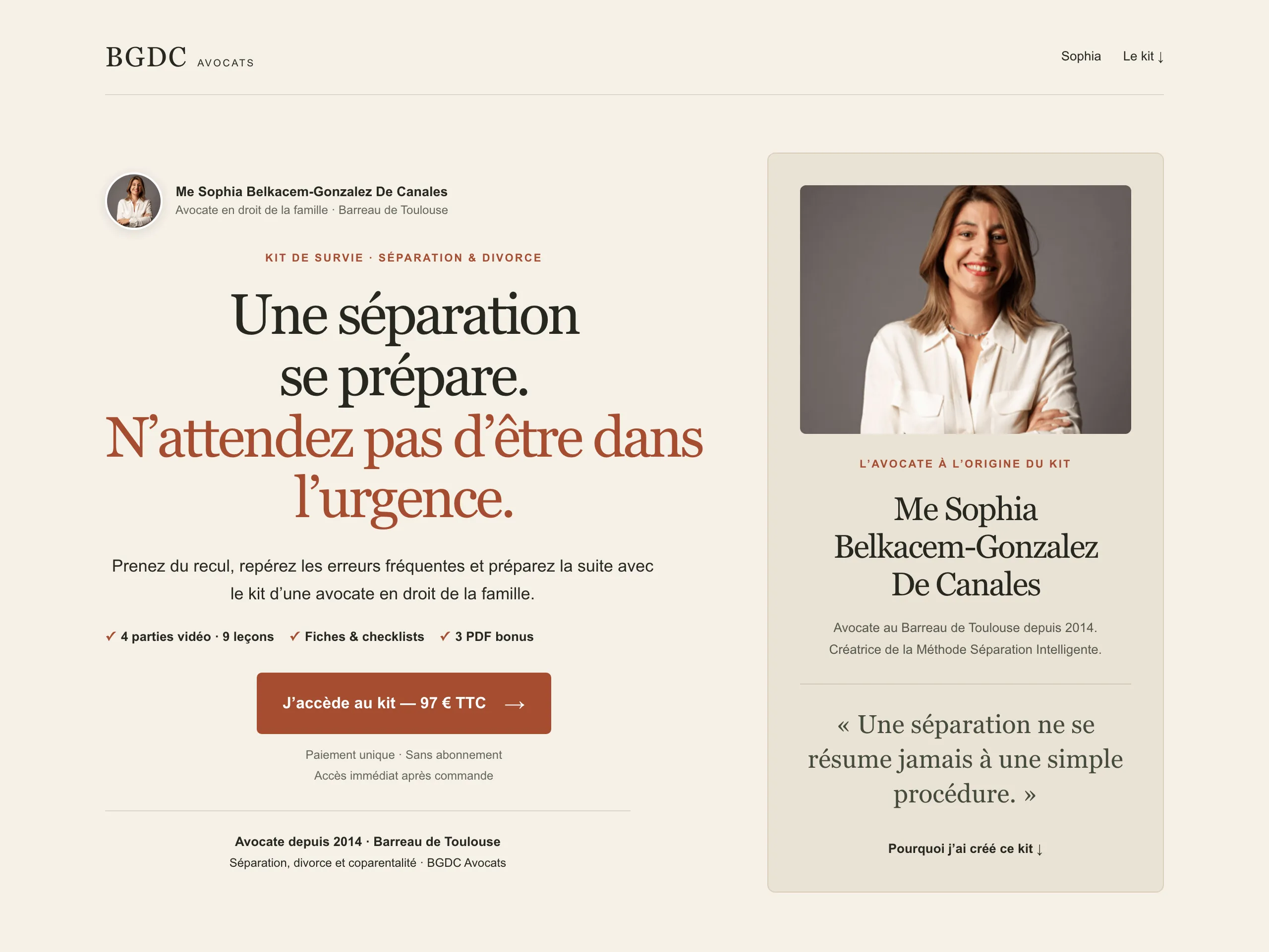Page de vente du kit BGDC sur ordinateur : promesse, présentation de l'avocate et accès au kit