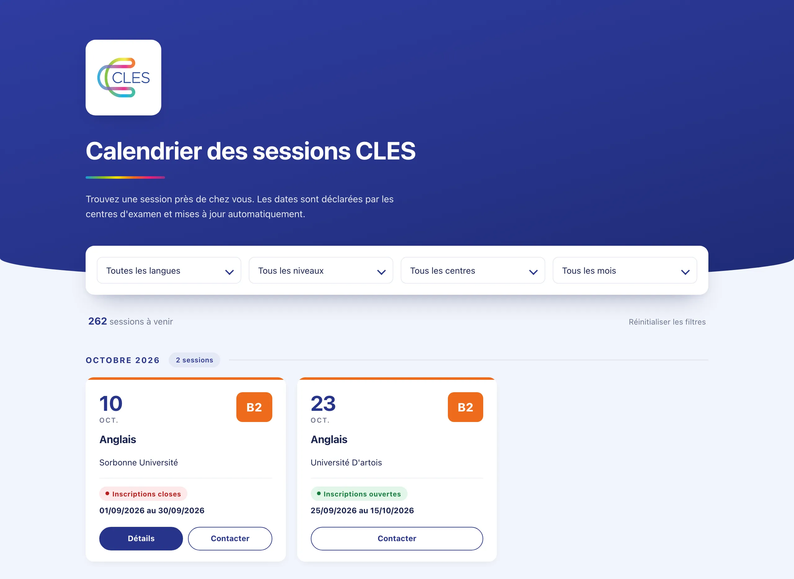 Calendrier public des sessions CLES : filtres par langue, niveau, centre et mois, puis cartes de sessions