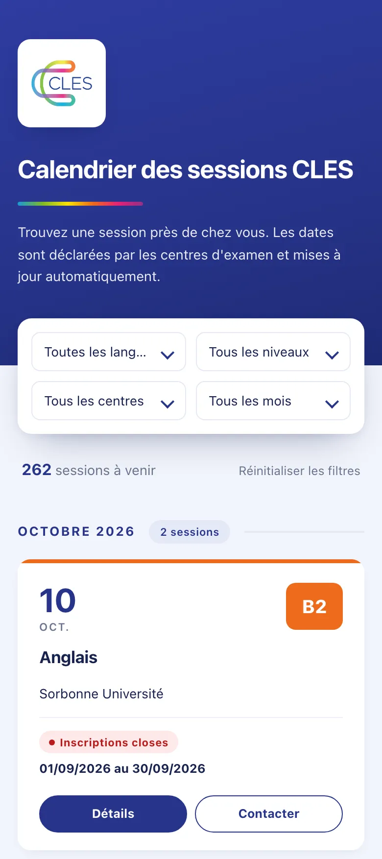 Calendrier des sessions CLES sur mobile