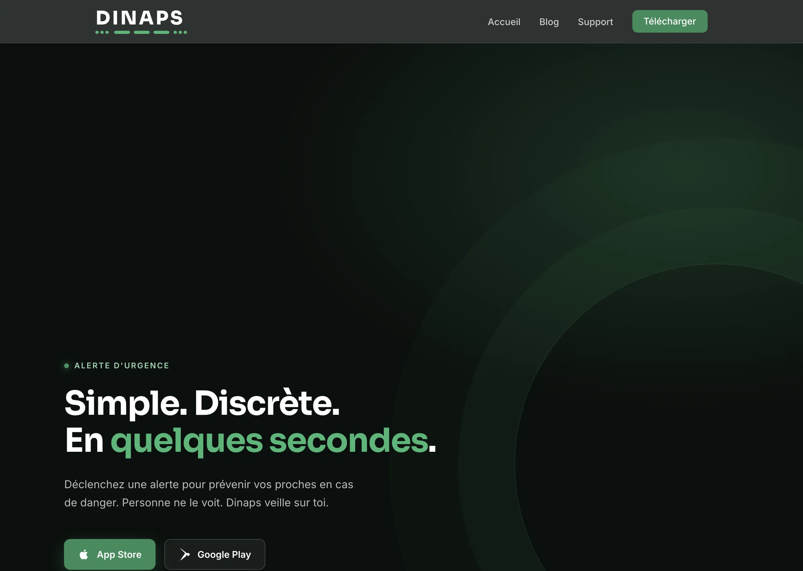 Site Dinaps sur ordinateur : « Simple. Discrète. En quelques secondes. » et liens vers les stores
