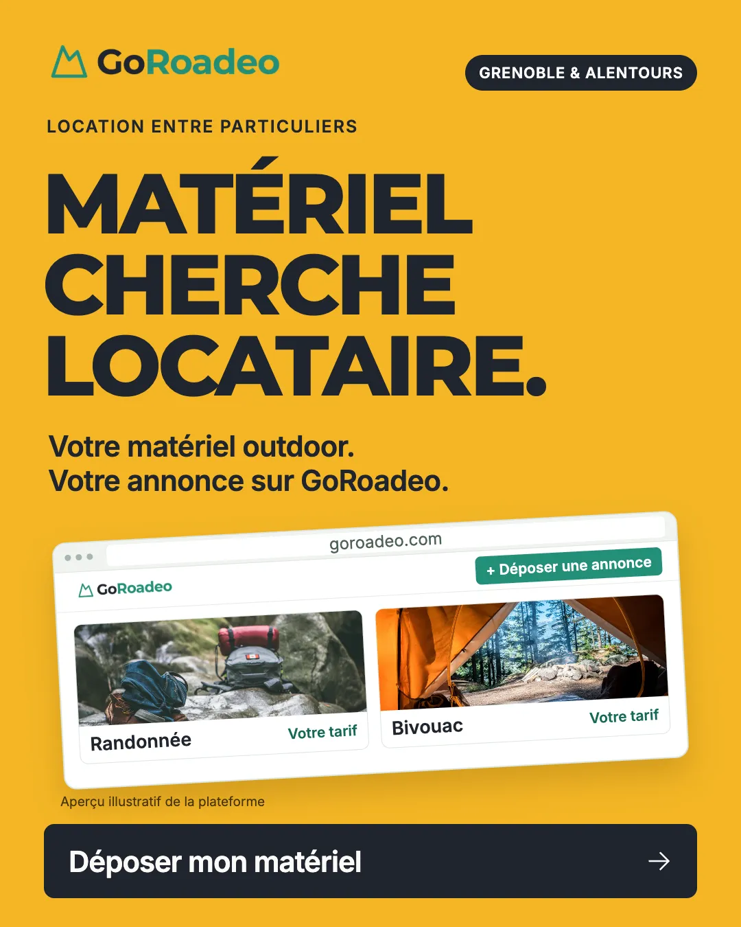 Proposition créative GoRoadeo, affiche jaune « Matériel cherche locataire »